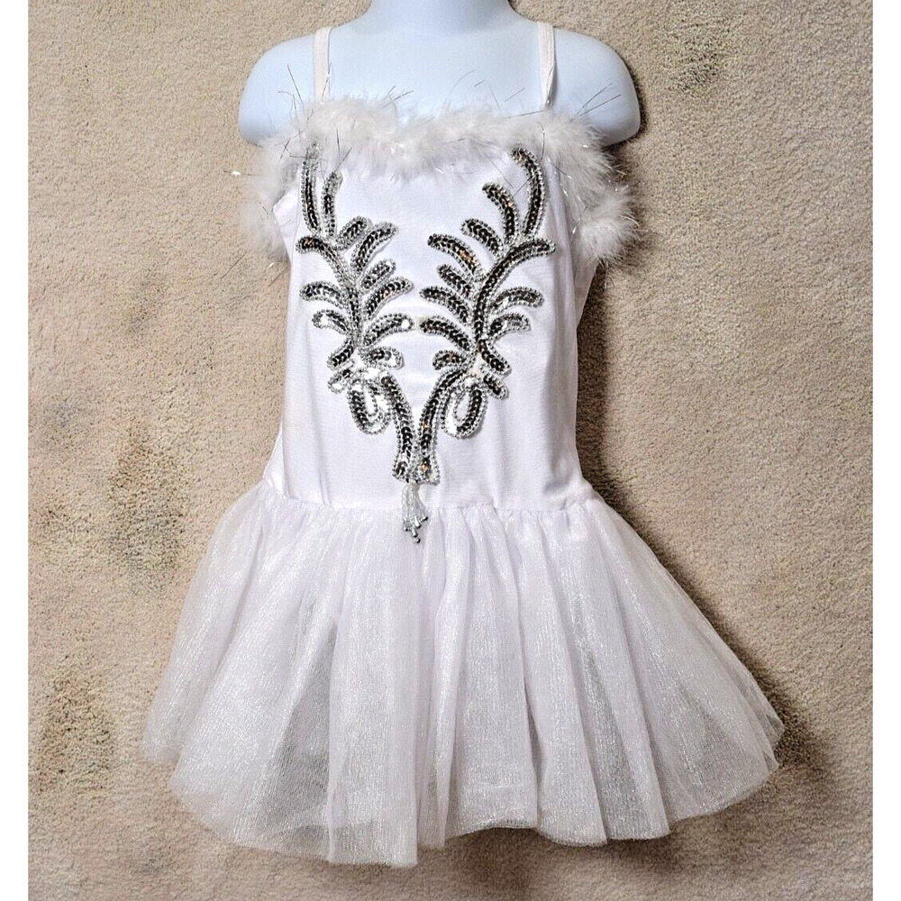 iEFiEL Girl's White Glamourous Bling Skater/Dancer Dress Costume Sz S Sequins